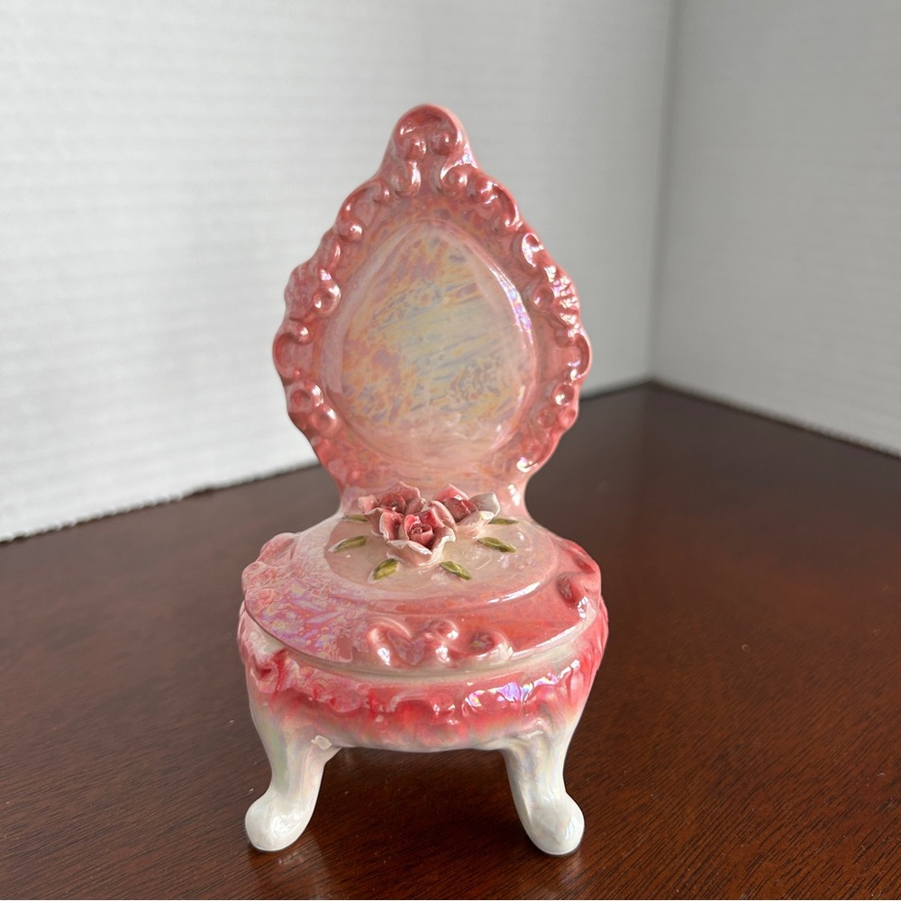 Vintage Iridescent Lustreware Elegant Pink Footed Chair Trinket Box